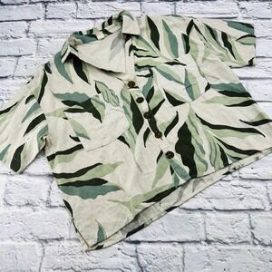 Marfinno Women M Cropped Hawaiian Print Button Up Shirt Cream Green Vacation